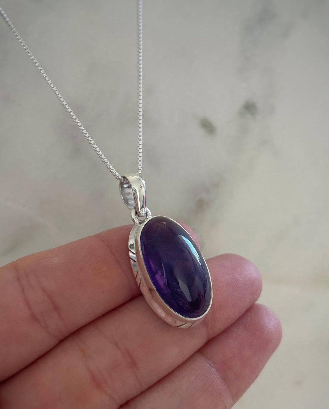 Amethyst Pendant | Etched Design | Oval Cut